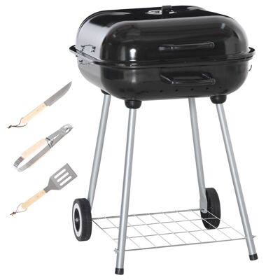 Charcoal barbecue - BBQ grill on stand with lid, wheels - shelf, 3 hooks, 3 utensils, 2 grids - black enamelled steel