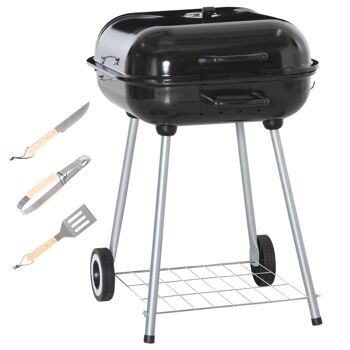 Barbecue à charbon - BBQ grill sur pied avec couvercle, roulettes - étagère, 3 crochets, 3 ustensiles, 2 grilles - acier émaillé noir 1