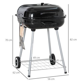 Barbecue à charbon - BBQ grill sur pied avec couvercle, roulettes - étagère, 3 crochets, 3 ustensiles, 2 grilles - acier émaillé noir 3