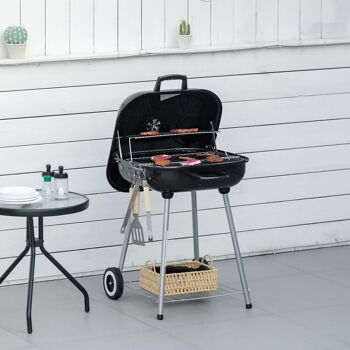 Barbecue à charbon - BBQ grill sur pied avec couvercle, roulettes - étagère, 3 crochets, 3 ustensiles, 2 grilles - acier émaillé noir 4