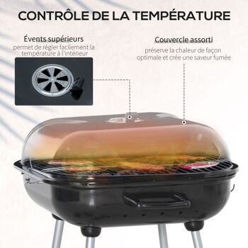 Barbecue à charbon - BBQ grill sur pied avec couvercle, roulettes - étagère, 3 crochets, 3 ustensiles, 2 grilles - acier émaillé noir 5