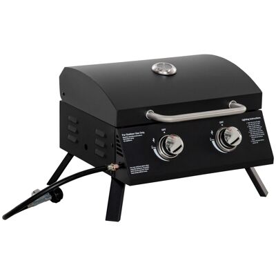 Portable table gas barbecue with foldable legs - 2 burners 5 kW - camping gas barbecue - cooking grid, grease receptacle, thermometer - black steel