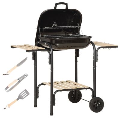 Charcoal barbecue - BBQ grill on stand with lid, wheels - 3 shelves, 3 hooks, 3 utensils, 2 grids, removable charcoal bowl - black enamelled steel wood