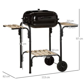 Barbecue à charbon - BBQ grill sur pied avec couvercle, roulettes - 3 étagères, 3 crochets, 3 ustensiles, 2 grilles, cuve charbon amovible - bois acier émaillé noir 3