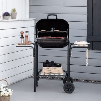 Barbecue à charbon - BBQ grill sur pied avec couvercle, roulettes - 3 étagères, 3 crochets, 3 ustensiles, 2 grilles, cuve charbon amovible - bois acier émaillé noir 4
