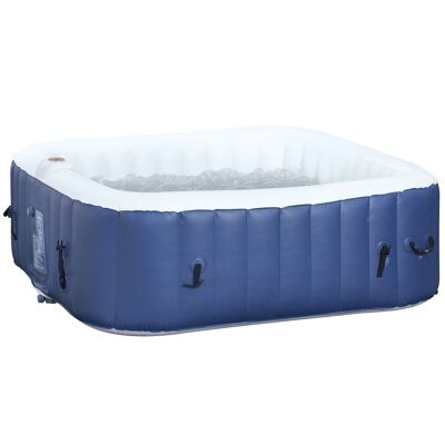 Quadratischer aufblasbarer Whirlpool für 4 Personen mit den Maßen 1,85 L x 1,85 L x 0,65 H m – 100 Hydromassage-Luftdüsen – Filter-Heizfunktionen – blau-weiße PVC-Auskleidung