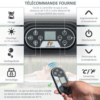 Spa gonflable rond 4 personnes Ø 1,8 x 0,68H m - 108 buses d'air hydro-massantes - fonctions chauffage filtration - liner PVC ABS gris blanc 5