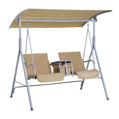 Design garden swing seat 2 places tilt adjustable roof retractable shelf storage steel light gray beige