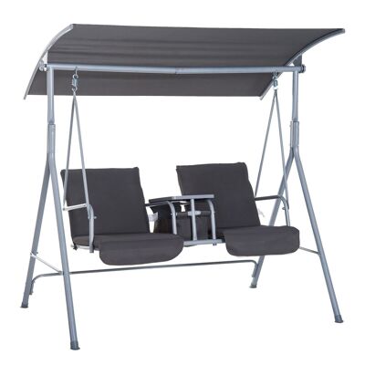 Design garden swing seat 2 places tilt adjustable roof retractable shelf storage light gray black steel