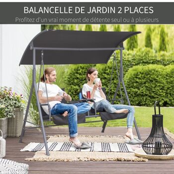 Balancelle design de jardin 2 places inclinaison toit réglable tablette rétractable rangement acier gris clair noir 4