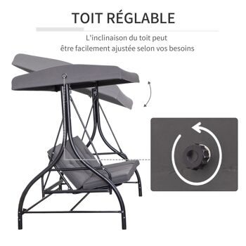 Balancelle de jardin 3 places convertible inclinaison toit réglable matelas grand confort rembourrage 8 cm fourni gris métal époxy noir 4