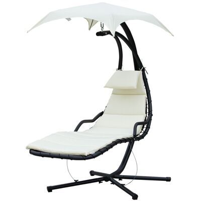 Suspended deckchair sun lounger with sun visor and contemporary design mattress 190L x 115W x 190H cm black cream polyester steel