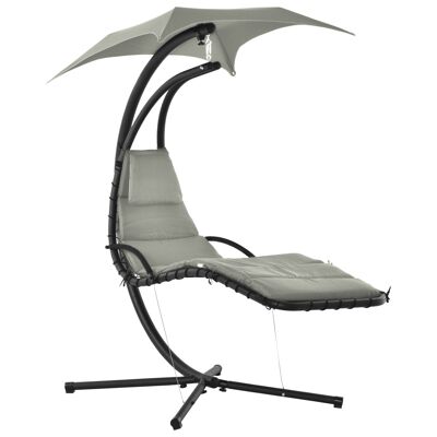 Suspended deckchair sun lounger with sun visor and contemporary design mattress 190L x 115W x 190H cm black gray polyester steel