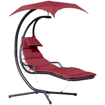 Suspended deckchair sun lounger with sun visor and contemporary design mattress 190L x 115W x 190H cm steel polyester red black