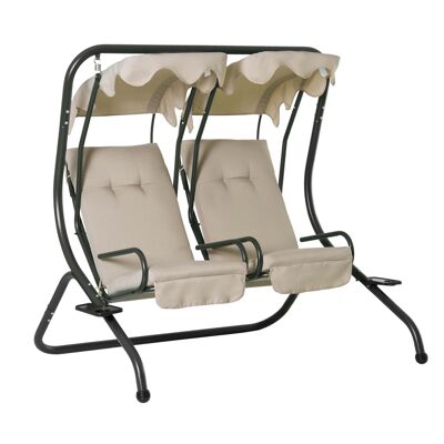 Garden swing seat 2 independent seats 2 shelves supports cushions seat backrest very comfortable 1.7L x 1.36W x 1.7H m steel black polyester beige