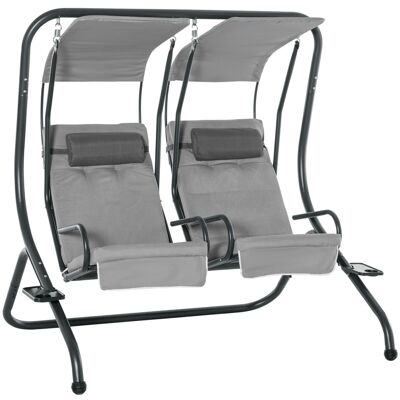 Columpio de jardín 2 asientos independientes 2 repisas soportes cojines respaldo asiento muy cómodo 1.7L x 1.36W x 1.7H m poliéster gris acero negro