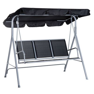 Bequemer 3-Sitzer-Gartenschaukelsitz, wasserdichtes Dach, neigungsverstellbar, ergonomischer Sitz und Rückenlehne aus schwarzem Textilene-Stahl