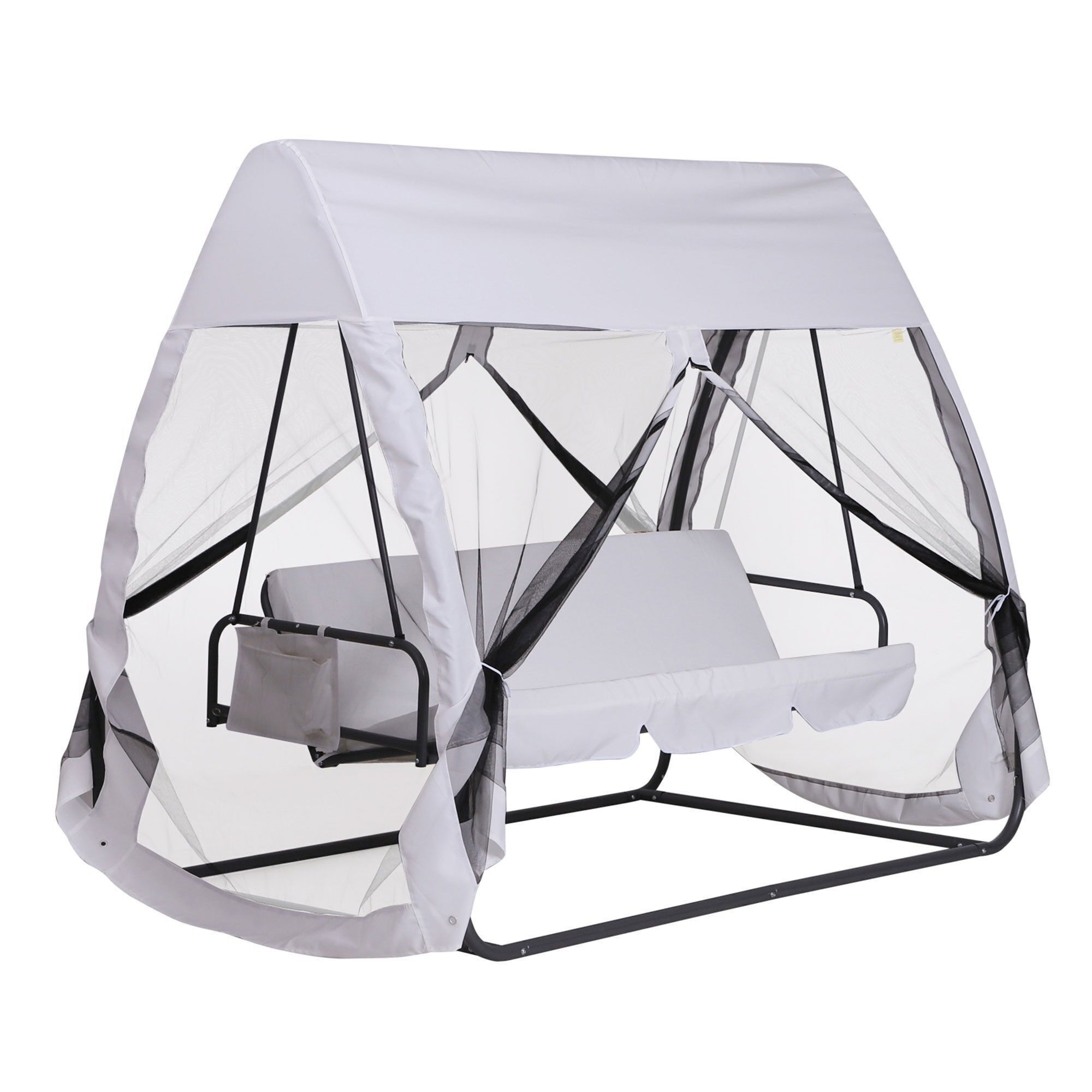Balancelle de jardin convertible 3 places grand confort : matelas assise dossier, moustiquaire intégrale zippée avec toit,  pochette rangement métal époxy polyester blanc