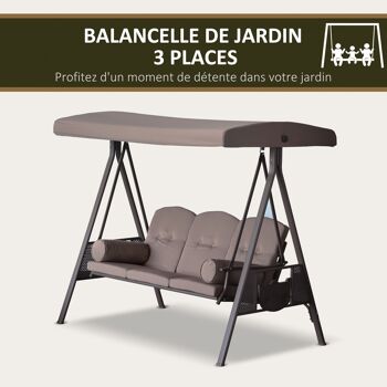 Balancelle de jardin 3 places grand confort toit inclinaison réglable coussins plateaux rétractables polyester filé marron 4