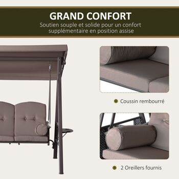 Balancelle de jardin 3 places grand confort toit inclinaison réglable coussins plateaux rétractables polyester filé marron 5