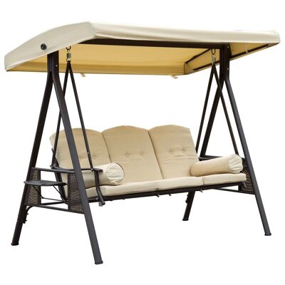 Bequemer 3-Sitzer-Gartenschaukelsitz, Dach mit verstellbarer Neigung, Kissen, ausziehbare Tabletts, beiges gesponnenes Polyester