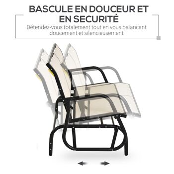 Banc à bascule de jardin 2 places design contemporain grand confort accoudoirs assise et dossier ergonomique acier textilène beige 4