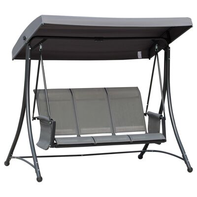 Columpio de jardín de 3 plazas Asiento de techo inclinable ajustable Respaldo ergonómico 2 bolsillos de almacenamiento de metal epoxi de aluminio. textileno gris