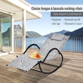 Chaise longue à bascule rocking chair design contemporain dim. 160L x 61l x 79H cm métal textilène gris chiné 3