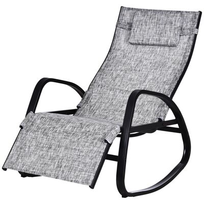 Mecedora respaldo reclinable ajustable sillón plegable Dim. 90L x 64W x 108H cm negro epoxi metal textileno gris jaspeado