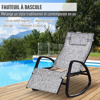 Fauteuil à bascule dossier inclinable réglable chaise longue pliable dim. 90L x 64l x 108H cm métal époxy noir textilène gris chiné 3