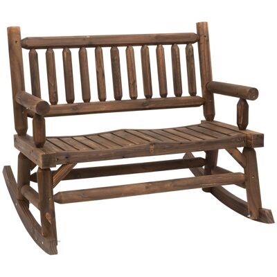 2-seater garden rocking bench, rural chic style, backrest, armrests, wood log look, seat with carbonization-treated fir slats