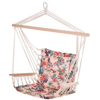Chaise suspendue hamac de voyage respirant portable dim. 100L x 49l x 106H cm coton macramé polyester rose pâle motif à fleurs 1