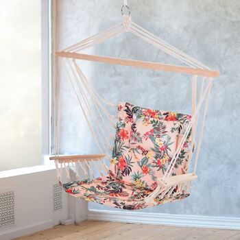 Chaise suspendue hamac de voyage respirant portable dim. 100L x 49l x 106H cm coton macramé polyester rose pâle motif à fleurs 2