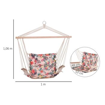 Chaise suspendue hamac de voyage respirant portable dim. 100L x 49l x 106H cm coton macramé polyester rose pâle motif à fleurs 3
