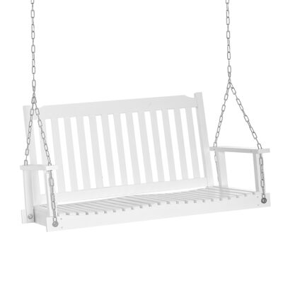 2-seater suspended bench dim. 117L x 69W x 60H m high seat slatted backrest chains suspension included treated fir wood painted white