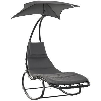 Lettino prendisole a dondolo dal design contemporaneo con visiera parasole, comodo materassino, poggiatesta in metallo epossidico nero, poliestere grigio