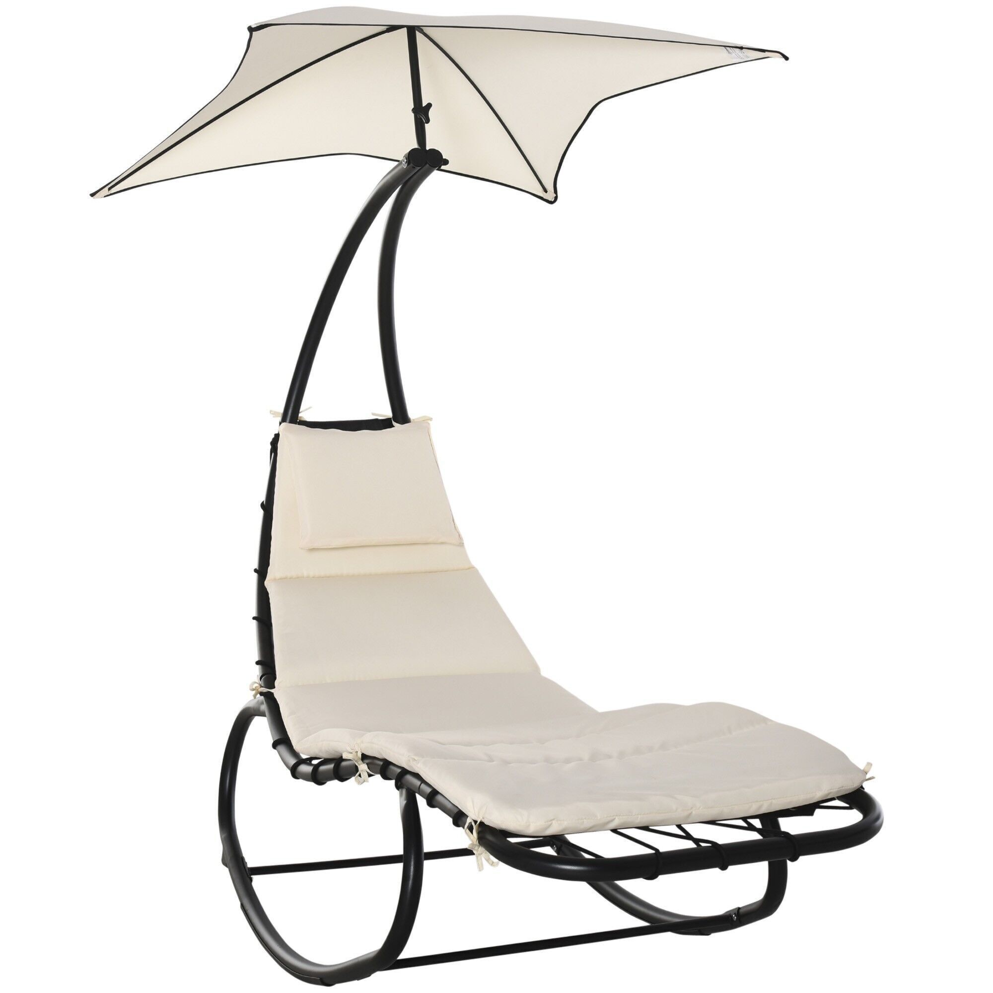 Lettino prendisole a dondolo dal design contemporaneo con visiera parasole, comodo materassino, poggiatesta in metallo epossidico nero, poliestere crema