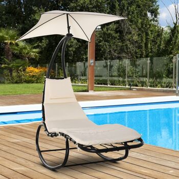 Bain de soleil transat à bascule design contemporain avec pare-soleil, matelas grand confort, tétière métal époxy noir polyester crème 2