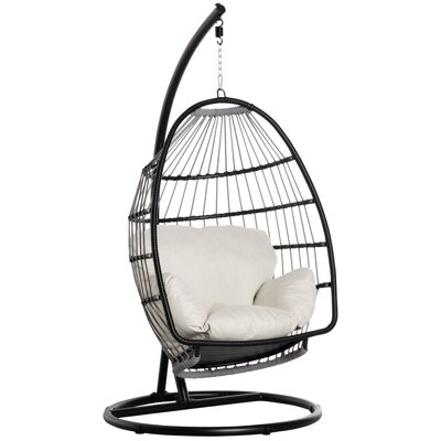 Garden hanging chair - hanging egg chair - folding swing - cushion, support included - dim. 101L x 101W x 188H cm - cream epoxy metal PE polyester