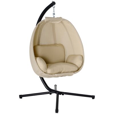Garden hanging chair - Foldable hanging egg chair - cushion and support included - beige textilene black epoxy metal