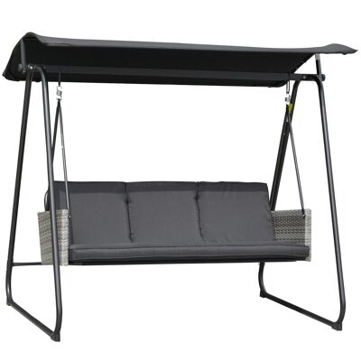 3-seater garden swing seat, awning, adjustable inclination, cushions, seat and backrest, gray woven resin, epoxy steel, black polyester
