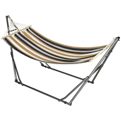 Foldable garden hammock with epoxy steel support and brown black gray white linen cotton canvas