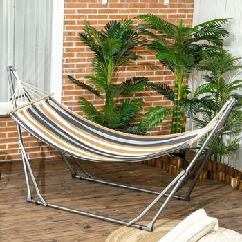 Hamac de jardin pliable avec support acier époxy et toile coton lin marron noir gris blanc 2