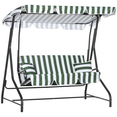 2-seater garden swing seat - 2 cushions, mattress - adjustable awning - green white striped polyester steel