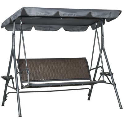 3 seater garden swing seat - adjustable awning, cup holder trays - PE wicker brown steel gray polyester