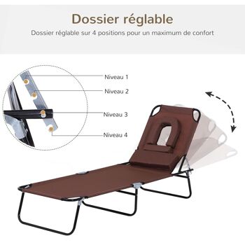 Bain de soleil pliable transat inclinable 4 positions chaise longue de lecture 3 coussins fournis marron 4