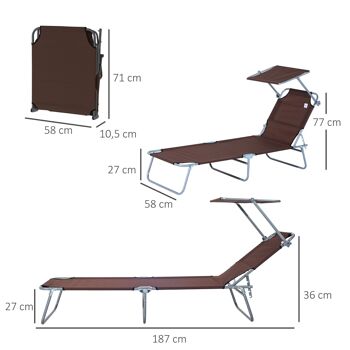 Transat bain de soleil pliable grand confort dossier et pare-soleil réglable multi-positions chocolat 3