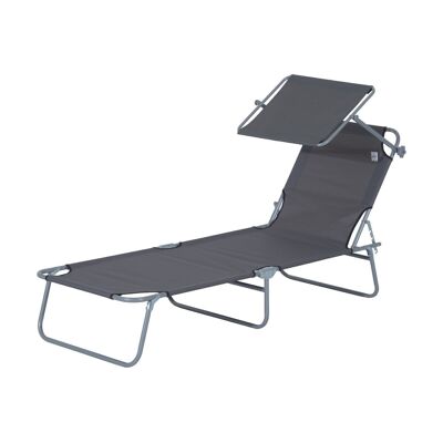 Gray comfortable folding sun lounger with multi-position adjustable backrest and sun visor