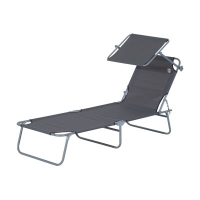 Cómoda tumbona gris plegable con respaldo regulable en varias posiciones y visera parasol