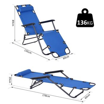 Outsunny Chaise longue pliable bain de soleil transat de relaxation dossier inclinable avec repose-pied polyester oxford bleu 3